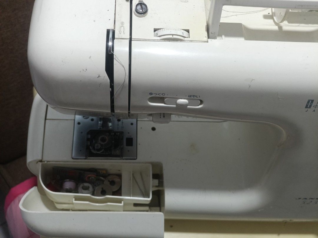 Janome 5250 Sewing Machine with Transformer (Category: Craft Supplies & Tools) located in Tanza. Submitted by danbam2020 (Listing ID 1469588139, Image 3). Description: - Model: Janome 5250 (Model 751) - Type: Heavy-duty setup ideal for various sewing projects - Condition: Powers on with 100V, minor scuffs and signs of usage on the body - Inclusions: JPM 100W transformer, foot pedal, and built-in accessory compartment with bobbins and needles - Re