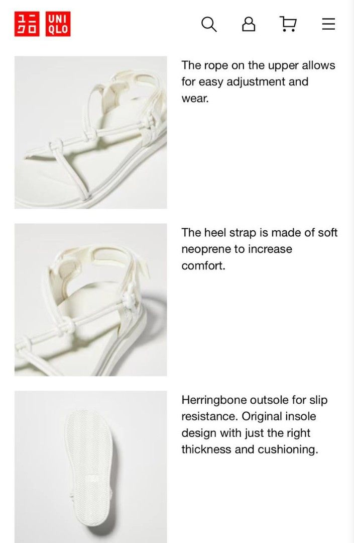 Japan Uniqlo Rope Sandal (Category: Flats & Sandals) located in Las Pinas. Submitted by casanacris39577 (Listing ID 1469683098, Image 2). Description: Authentic Japan Uniqlo white rope Sandal size 25.0 cm women's Brand new with tag limited edition.