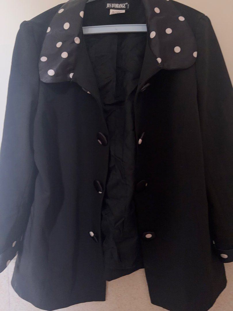 Jus D'Orange Black Blazer with Polka Dot Collar (Category: Coats, Jackets and Outerwear) located in Antipolo. Submitted by faithforgotten (Listing ID 1469623114, Image 2). Description: - Brand: Jus D'Orange - Color/Pattern: Classic black with contrasting white polka dots on collar, cuffs, and buttons - Cut: Mid-length outerwear - Features: Classic dark inner lining, button-up front - Condition: Excellent - Perfect for: Cooler weather and stylish 