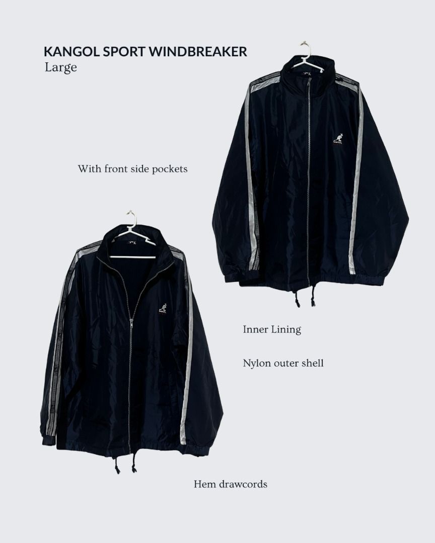 Kangol Sport Track Jacket Windbreaker Large (Category: Coats, Jackets and Outerwear) located in Baguio. Submitted by dragonflythrifts (Listing ID 1469740933, Image 3). Description: Blue Brand: Kangol Size: Large - has hood and hood compartment - side outer pockets - logo and text print on sleeves - actual color is dark blue Shipping: We are based in Baguio City. Item will be shipped with 1-2 days upon order completion and item will arrive within 