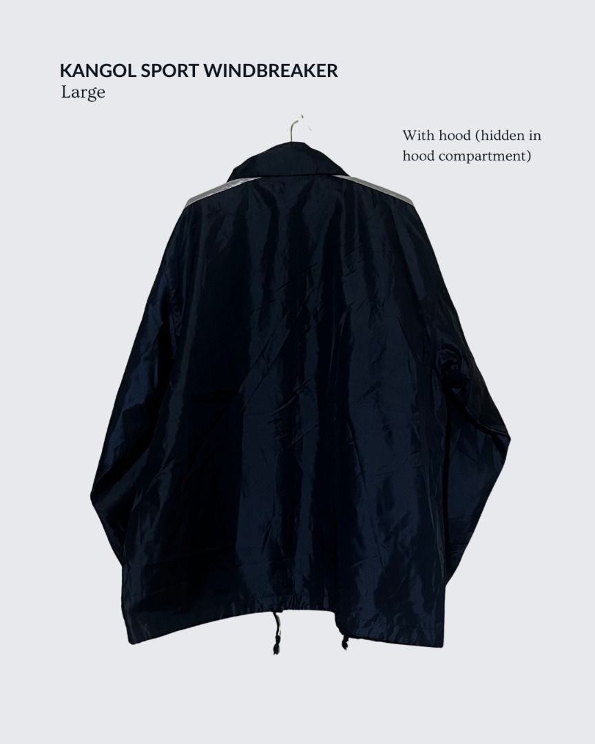 Kangol Sport Track Jacket Windbreaker Large (Category: Coats, Jackets and Outerwear) located in Baguio. Submitted by dragonflythrifts (Listing ID 1469740933, Image 2). Description: Blue Brand: Kangol Size: Large - has hood and hood compartment - side outer pockets - logo and text print on sleeves - actual color is dark blue Shipping: We are based in Baguio City. Item will be shipped with 1-2 days upon order completion and item will arrive within 