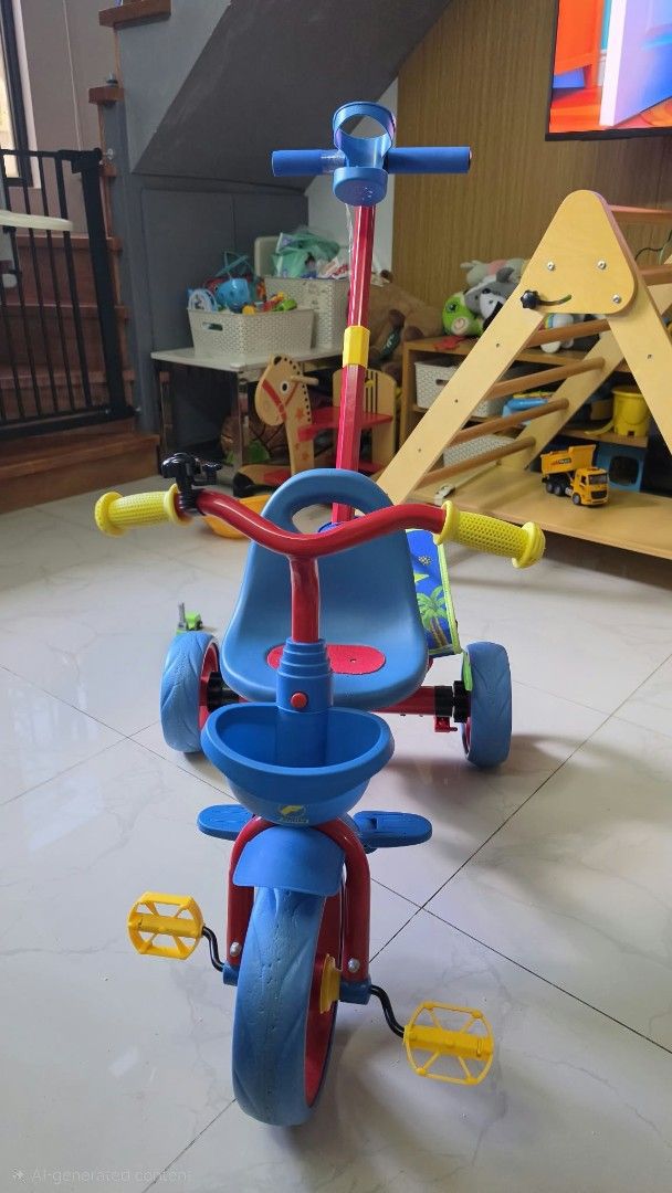 Kids Tricycle with Push Handle and Storage Basket (Category: Other Babies Going Out Needs) located in General Trias. Submitted by fab_find (Listing ID 1469672732, Image 1). Description: - Vibrant blue, red, and yellow design - Equipped with a removable parent push handle - Features a handy front storage basket and comfortable handlebar grips - Seat includes a printed fabric insert for extra comfort - Yellow pedals designed to help little ones lea