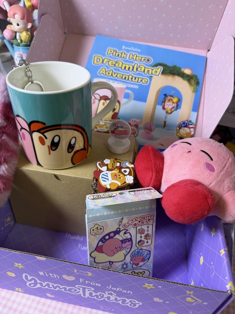 Kirby YumeTwins Box Merchandise Bundle (Category: Designer & Blind Box Toys) located in Mabalacat. Submitted by strawbearytelle (Listing ID 1469601699, Image 1). Description: - Official Kirby items straight from a YumeTwins subscription box - Ceramic mug with cute character graphics - Soft and cuddly Kirby plush toy - Rubber strap keychain featuring Chef Kirby - Sleep-themed Kirby stamp figure - Includes original box packaging - Selling as a comp