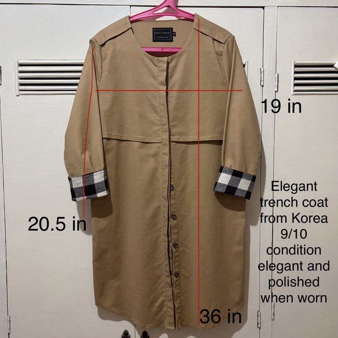 Korea Trench Coat Khaki Checkered Cuffs (Category: Coats, Jackets and Outerwear) located in Quezon City. Submitted by tflquezoncity (Listing ID 1469729488, Image 2). Description: ❤️ LOVEV-DOVEY, Designed in Korea ❤️ Size 8, fits S-M ❤️ Khaki trench coat with clean minimalist design ❤️ Round neckline, concealed front button closure, long sleeves with folded black and white checkered cuffs which can be rolled-up to reveal a stylish black and white 