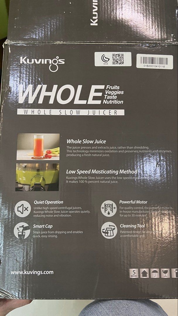 Kuvings Whole Slow Juicer (Category: Juicers, Blenders & Grinders) located in Las Pinas. Submitted by shop.eo.home (Listing ID 1469607065, Image 2). Description: - Authentic Kuvings Whole Slow Juicer original box included - Heavy-duty slow juicing system for maximum juice yield - Effortlessly handles whole fruits and vegetables with minimal prep - Perfect home appliance for fresh, nutrient-rich juices - Excellent for health enthusiasts and daily 