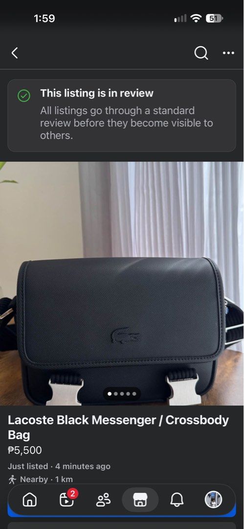 Lacoste Black Messenger / Crossbody Bag (Category: Sling Bags) located in Manila. Submitted by spicybean (Listing ID 1469703134, Image 1). Description: Lacoste Black Messenger Bag • Authentic Lacoste • Very good condition • Black textured exterior • Adjustable crossbody strap • Flap closure with two silver-tone buckles • Secure zippered main compartment • Interior pockets for essentials • Subtle embroidered Lacoste crocodile logo • Clean inside a