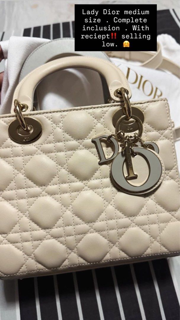 Lady Dior Medium Size Complete Inclusion With Receipt (Category: Luxury Bags & Wallets) located in Cebu City. Submitted by yenetcuba52435 (Listing ID 1469757666, Image 1). Description: - Authentic Medium Lady Dior in timeless cream leather - Features iconic Cannage stitching and pale gold hardware with matching charms - Pristine, clean condition with only minimal signs of handling - Complete inclusions: matching shoulder strap, dust bag, printed 