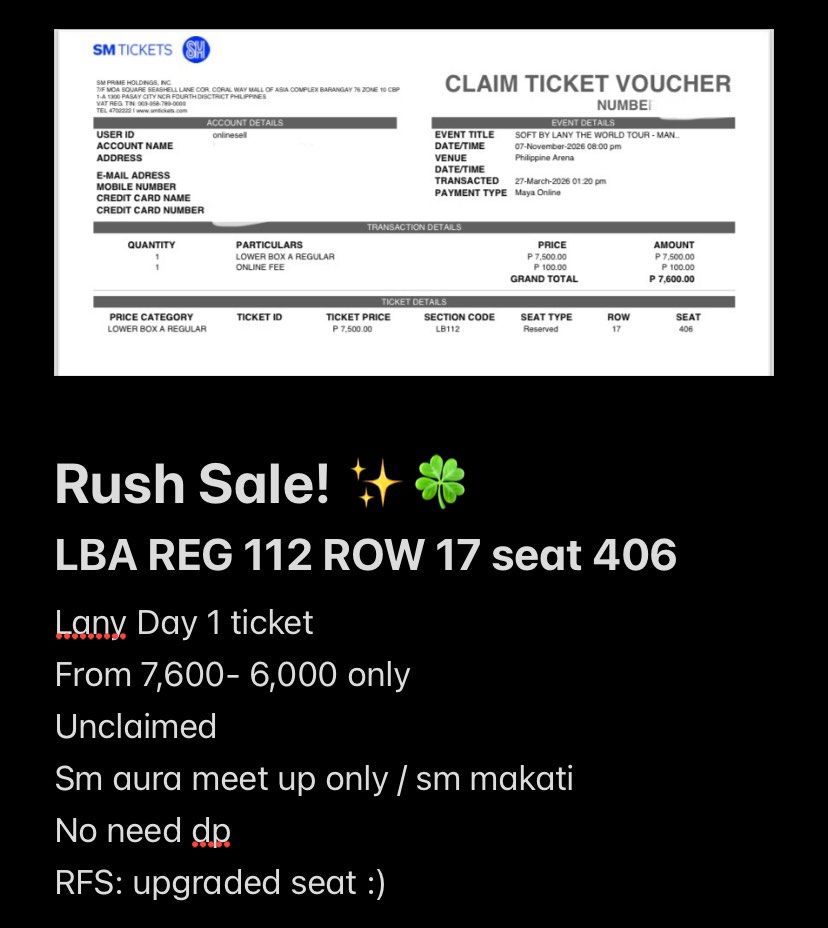Lany Day 1 Ticket LBA REG (Category: Events Tickets) located in Manila. Submitted by kennie.ymk (Listing ID 1469685845, Image 1). Description: For meet up only. Unclaimed tix lets claim together!.
