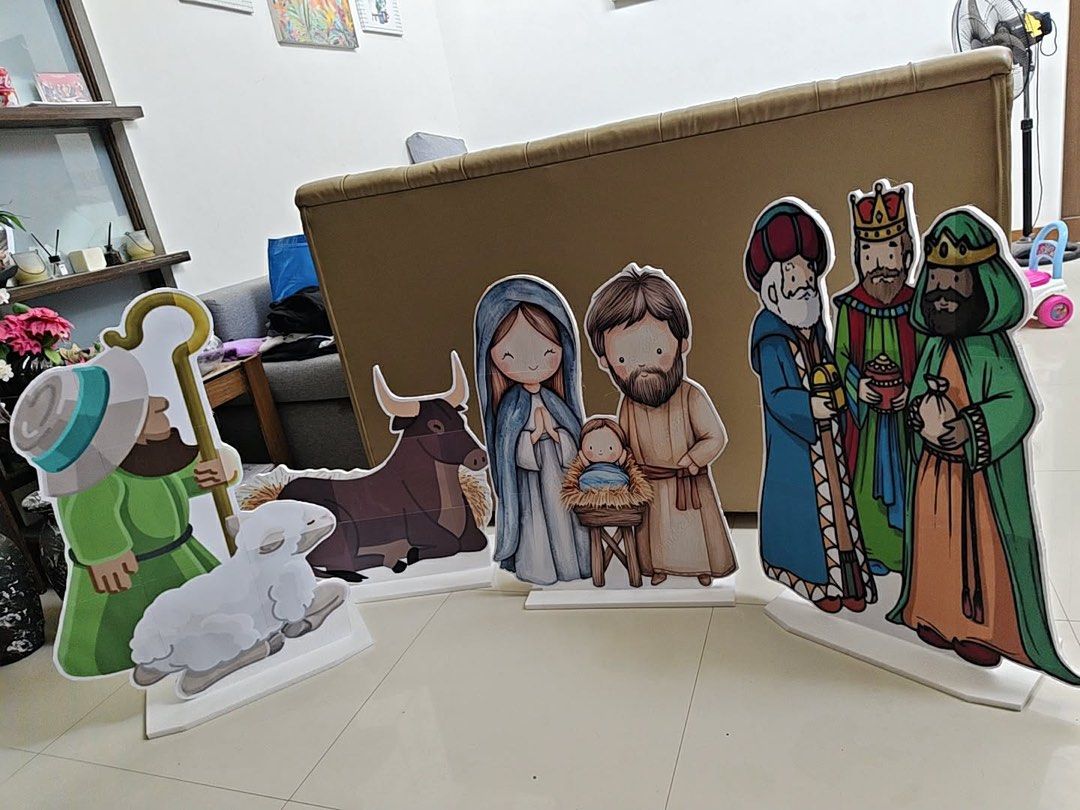 Large Christmas Nativity Scene Backdrop Standee Cutouts Set (Category: Occasions & Party Supplies) located in San Fernando. Submitted by jelajoybasco (Listing ID 1469593982, Image 2). Description: - Complete set: Mary, Joseph, baby Jesus in a manger, shepherd with sheep, ox, and the three wise men - Features freestanding cartoon character cutouts and a large starry night stable backdrop - Perfect holiday decor for churches, schools, or home parti