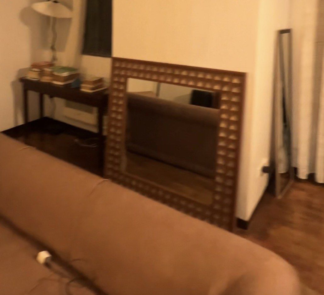 Large wooden framed decorative wall mirror (Category: Mirrors) located in Carmona. Submitted by monaa1234 (Listing ID 1469599541, Image 1). Description: - Large wooden wall mirror with stylish carved geometric pattern (Capiz shells) - Warm brown wood finish that adds elegance to any space - Heavy, sturdy build; can be wall-mounted or leaned against the floor - Wide reflection, perfect for living rooms or bedrooms - Rushed sale due to moving out -