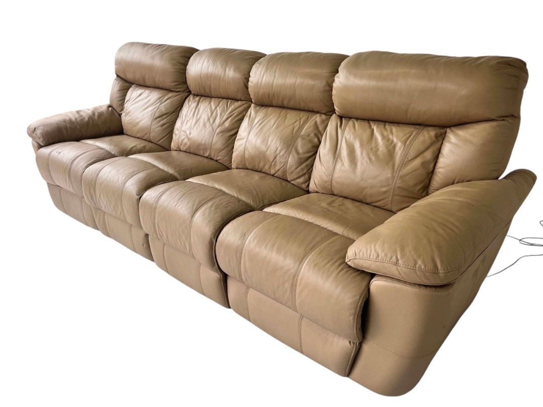Lazy Boy 4-Seater Genuine Leather Sofa (Category: Sofas) located in Mexico. Submitted by mgracejapansurplus (Listing ID 1469569620, Image 3). Description: NEW ARRIVAL 🔥 JAPAN SURPLUS Lazy Boy 4-Seater Genuine Leather Sofa - Brand: Lazy Boy — trusted quality & comfort - Material: ✨Genuine Leather✨ in warm beige/camel tone - Features: Plush padded cushions, ergonomic design, built-in 220V power outlet - Dimensions: L112" × W35" × H40" | Seat heigh