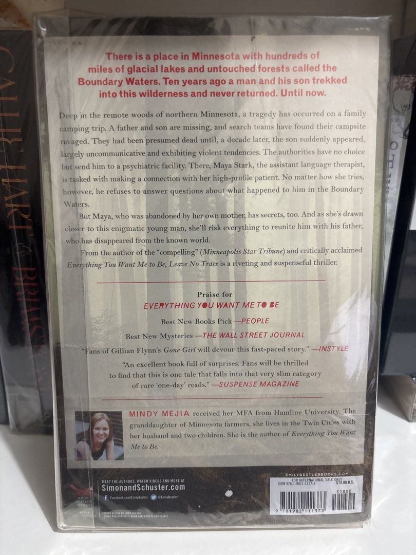 Leave No Trace by Mindy Mejia Novel Paperback (Category: Storybooks) located in Caloocan City. Submitted by boldstorm-6421 (Listing ID 1469748693, Image 2). Description: - Title: Leave No Trace by Mindy Mejia - Author: Written by the author of Everything You Want Me to Be - Condition: In good condition, minimal foxing and light tanning on top edge. No annotation, No folds, No creases - Perfect for: Thriller and mystery book fans.
