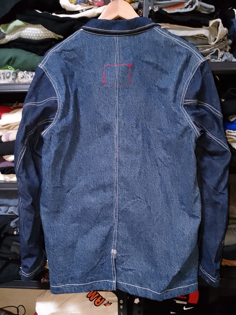 Levi's Red Denim Blazer Size S (Category: Coats, Jackets and Outerwear) located in Manila. Submitted by mjthrifted_second (Listing ID 1469653014, Image 2). Description: Levi's Red denim jacket styled like a blazer. Dimension 22/28Dark wash with contrast white stitching throughout. Size S tag at the inner collar. Multiple front pockets including arcuate stitching on the lower right pocket. Three button closure down the front. Extra buttons attache