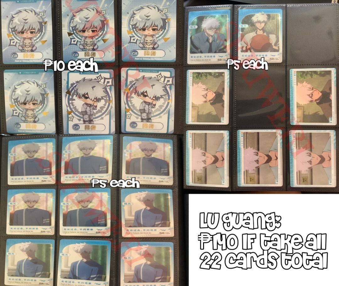 Link Click Shiguang Dailiren (Category: Raw Singles) located in Mandaluyong City. Submitted by seriweri (Listing ID 1469629468, Image 2). Description: First-time seller, bare with me! ^^; Can do take all for ₱780, 108 cards total! RFS: Dupes Brand New (only opened to see cards) Characters: Cheng Xiaoshi, Lu Guang, Li Tianxi, Li Tianchen, Xia Fei, Vein, Wang Qing Payment: GCash Delivery: Lalamove or J&T (sf shouldered by buyer) Loc: Mandaluyong (c