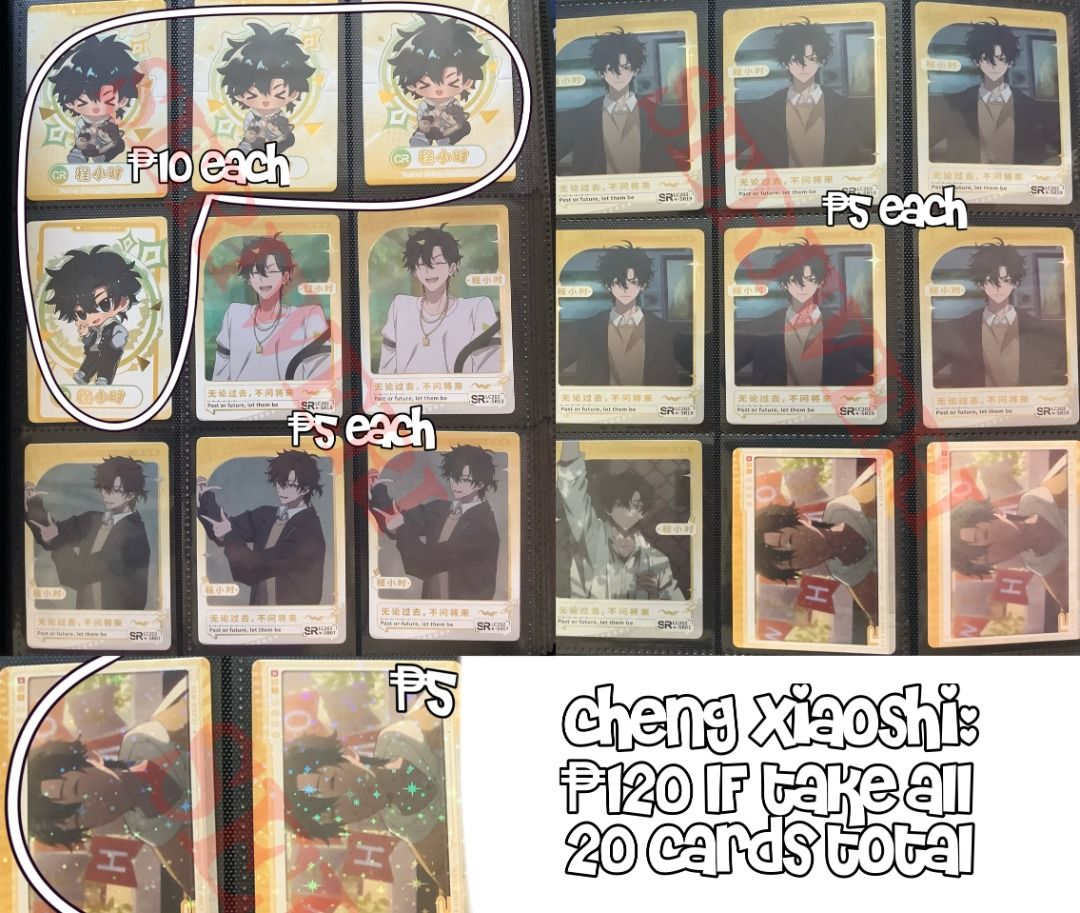 Link Click Shiguang Dailiren (Category: Raw Singles) located in Mandaluyong City. Submitted by seriweri (Listing ID 1469629468, Image 1). Description: First-time seller, bare with me! ^^; Can do take all for ₱780, 108 cards total! RFS: Dupes Brand New (only opened to see cards) Characters: Cheng Xiaoshi, Lu Guang, Li Tianxi, Li Tianchen, Xia Fei, Vein, Wang Qing Payment: GCash Delivery: Lalamove or J&T (sf shouldered by buyer) Loc: Mandaluyong (c