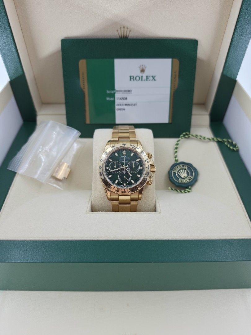 🔥LNIB🔥2019 Rolex Cosmograph Daytona 'John Mayer' Green Dial 116508 Discontinued (Category: Watches) located in Singapore. Submitted by shootingtime (Listing ID 1469709511, Image 2). Description: Brand: Rolex Model: Cosmograph Daytona ' John Mayer ' Ref: 116508 Material: Solid yellow gold case and Oyster bracelet Condition: LNIB, RX-8 watch film applied, used less than 5 times Date: 2019 Accessories: full set box, warranty card, green tag Remark