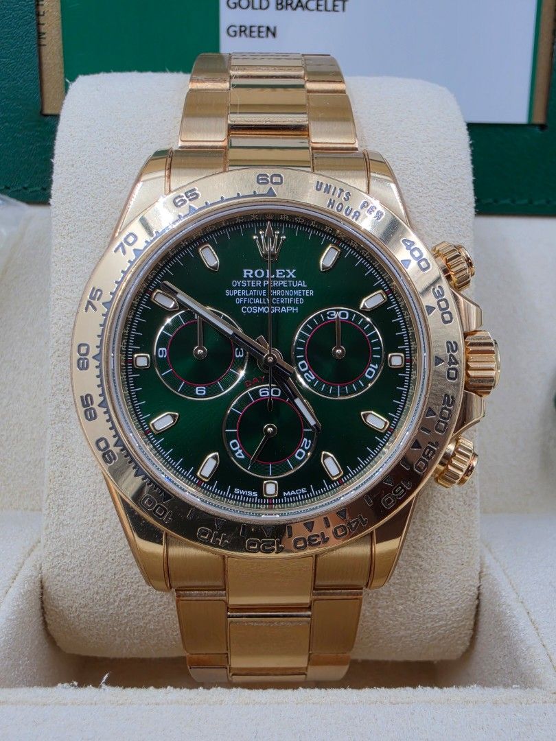 🔥LNIB🔥2019 Rolex Cosmograph Daytona 'John Mayer' Green Dial 116508 Discontinued (Category: Watches) located in Singapore. Submitted by shootingtime (Listing ID 1469709511, Image 1). Description: Brand: Rolex Model: Cosmograph Daytona ' John Mayer ' Ref: 116508 Material: Solid yellow gold case and Oyster bracelet Condition: LNIB, RX-8 watch film applied, used less than 5 times Date: 2019 Accessories: full set box, warranty card, green tag Remark