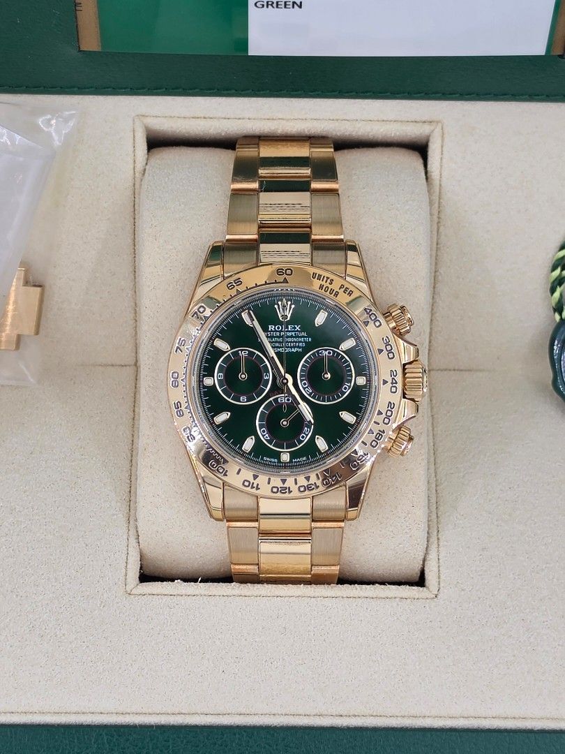🔥LNIB🔥2019 Rolex Cosmograph Daytona 'John Mayer' Green Dial 116508 Discontinued (Category: Watches) located in Singapore. Submitted by shootingtime (Listing ID 1469709511, Image 3). Description: Brand: Rolex Model: Cosmograph Daytona ' John Mayer ' Ref: 116508 Material: Solid yellow gold case and Oyster bracelet Condition: LNIB, RX-8 watch film applied, used less than 5 times Date: 2019 Accessories: full set box, warranty card, green tag Remark