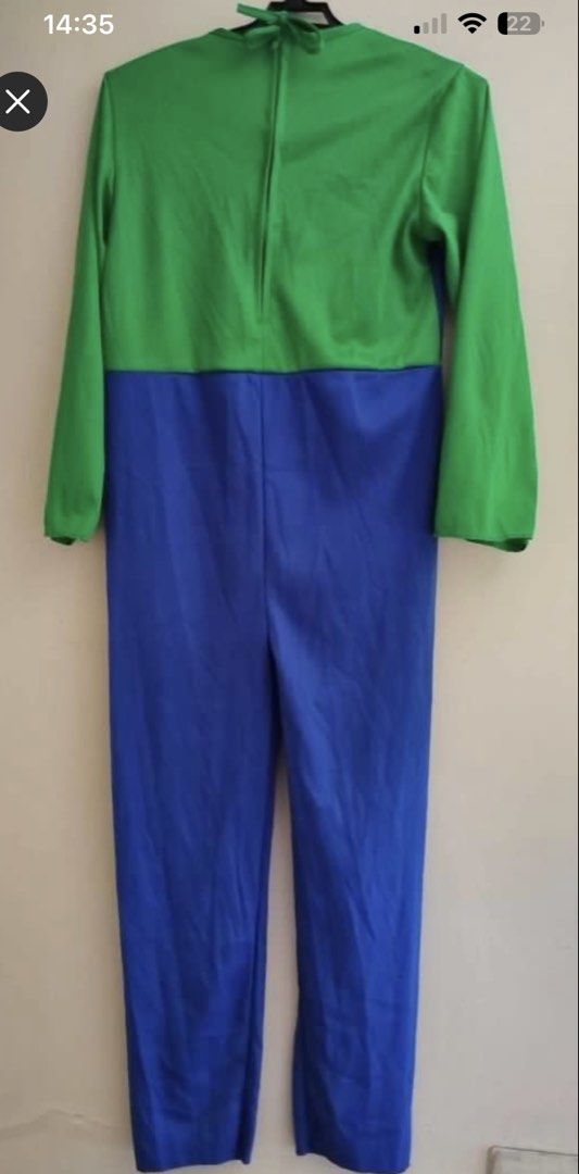 Luigi Costume Jumpsuit and Hat (Category: Babies & Kids Fashion) located in Quezon City. Submitted by ja.layug (Listing ID 1469627730, Image 2). Description: Green and blue Luigi costume set. Includes long-sleeve green top attached to blue overalls with yellow button details. Matching green cap with white circle and green letter L on the front. Neck ties at the back. Fun outfit for dress-up parties or cosplay events. One-piece design makes it qui