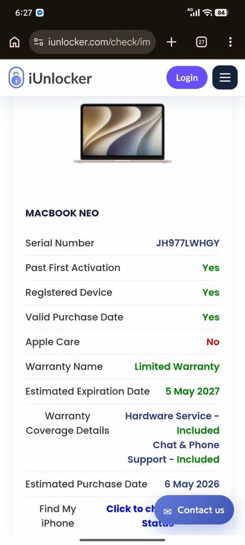MACBOOK NEO 256GB (Category: Laptops & Notebooks) located in Manila. Submitted by zmsalonga (Listing ID 1469606793, Image 2). Description: WITH WARRANTY UNTIL MAY 2027 .