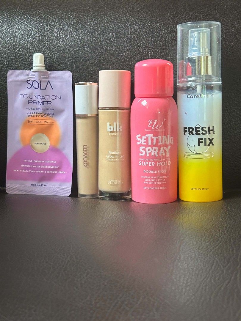 Makeup Bundle (Category: Makeup) located in Batangas. Submitted by liandnd (Listing ID 1469593589, Image 1). Description: Wts Lfb makeup ph Makeup Bundle Php 600 Sola Foundation Primer in light beige (Bnew) Grwm Radiance Tint in Custard (95%) Blk Radiant Glow in Oat(95%) DW Setting Spray (95%) Careline Fresh Fix (95%).