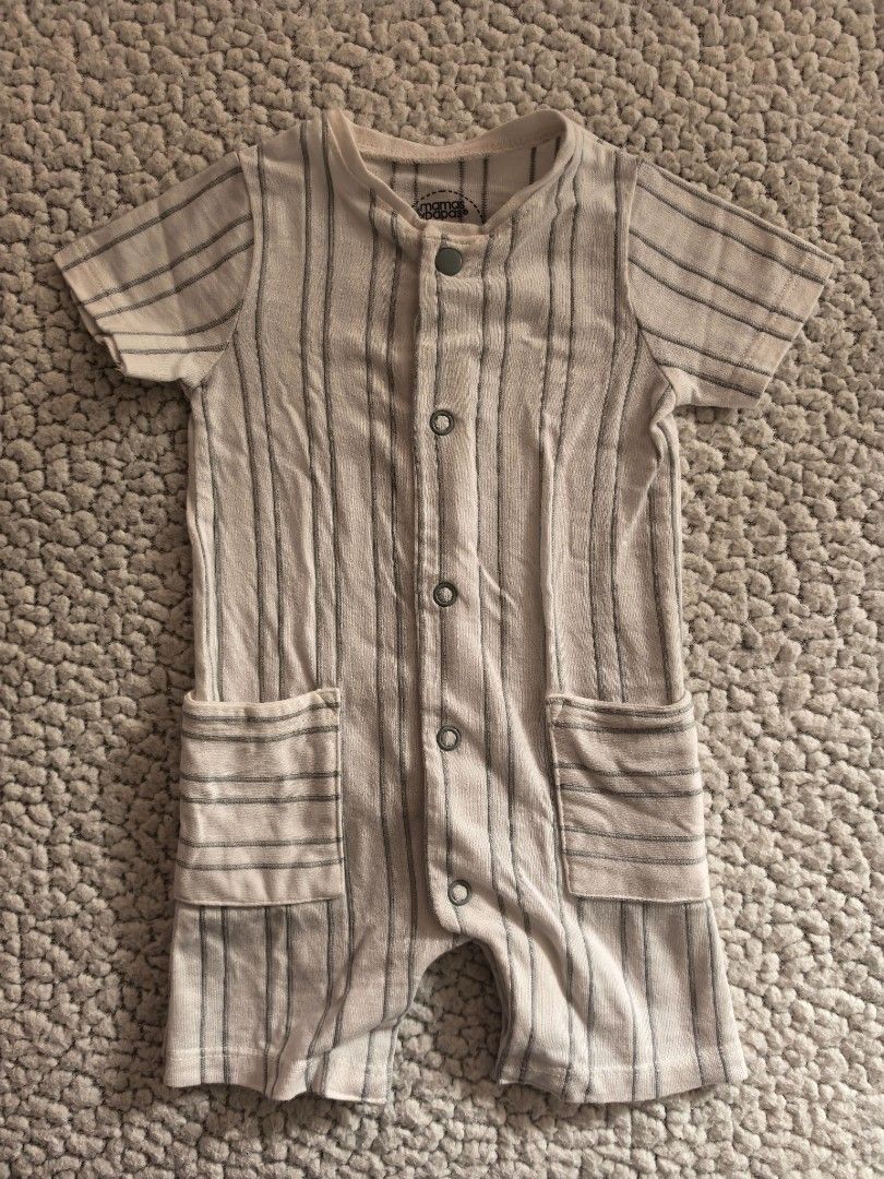 Mamas & Papas Striped Baby Romper (Category: Babies & Kids Fashion) located in Manila. Submitted by euladelosr38638 (Listing ID 1469651874, Image 1). Description: - Brand: Mamas & Papas - Size: Fits up to 1 month old - Design: White with grey vertical stripes - Material: Soft ribbed cotton - Features: Short sleeves, front snap button closure for easy changing, and two front pockets - Never been used, washed Can ship through orange app.