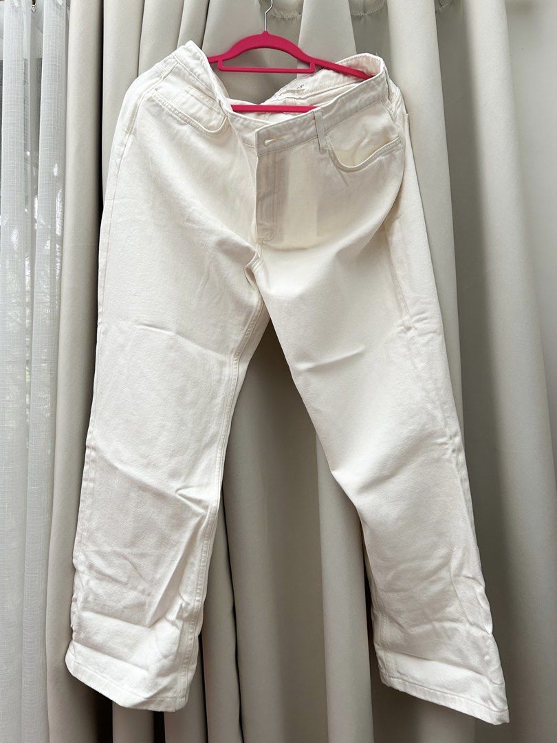 MANGO Denim White Jeans (Category: Jeans) located in Cainta. Submitted by unboxingstuff (Listing ID 1469659584, Image 1). Description: - Brand: MANGO - Brand new - Model: Beige/ Cream Denim Pants - Size: EUR 46 (loose fit and bigger than usual) - Fit: Classic straight / loose fit - Color: Clean white wash - Features: Front and back pockets, silver-toned button, zip fly closure - Condition: Excellent, easy to match with any top - Never used becaus