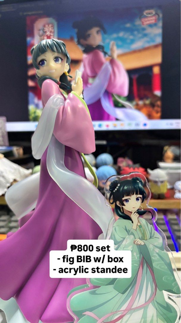 Maomao Figure (BIB w/ box) + Acrylic Standee (Category: Figurines & Statues) located in Manila. Submitted by maomaofren (Listing ID 1469752541, Image 1). Description: MOP: GCash or Bank Transfer (BPI) Shipping Details: - probably around Quezon City - Shipping fee: Buyer - Courier: Lalamove/JNT and/or whichever buyer prefer.