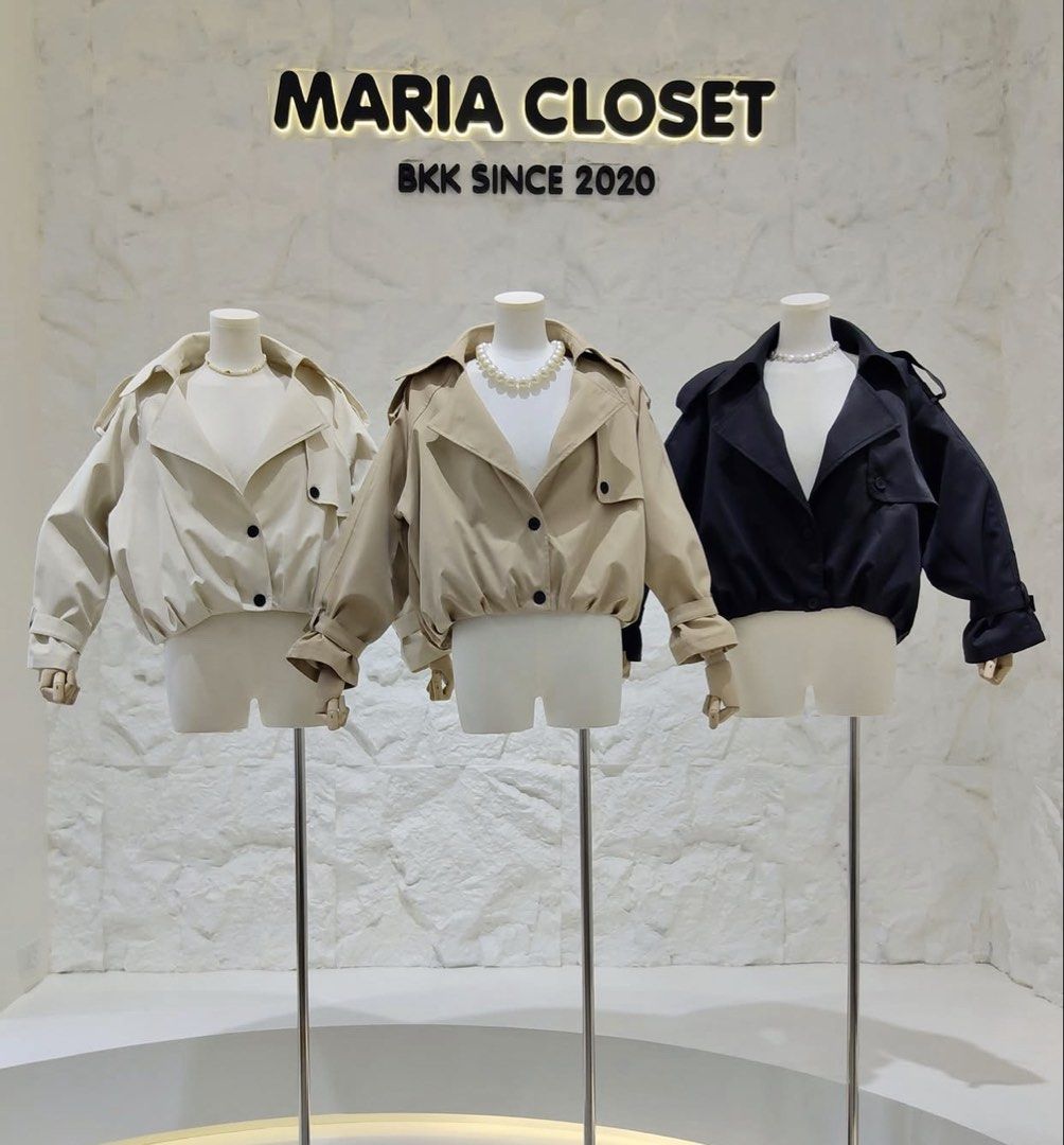 Maria Closet BKK Cropped Trench Jacket (Category: Coats, Jackets and Outerwear) located in Baguio. Submitted by anneslvd (Listing ID 1469640504, Image 1). Description: - Brand: Maria Closet BKK (Imported from Bangkok) - Style: Lightweight cropped trench jacket - Design details: Wide lapel collar, button front, and chic shoulder flaps - Cream color available only - Free-size (oversized fit) - Brand new with tags.