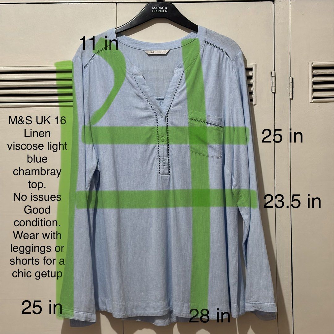 Marks & Spencer Linen Blend Chambray Top UK 16 (Category: Blouses) located in Quezon City. Submitted by tflquezoncity (Listing ID 1469737766, Image 2). Description: ❤️ Marks & Spencer ❤️ UK 16 ❤️ Linen-viscose blend ❤️ Light blue chambray ❤️ Button-down neckline, chest pocket, delicate eyelet trim ❤️ Great condition, no issues ❤️ Easy to pair with leggings or shorts for casual everyday wear.