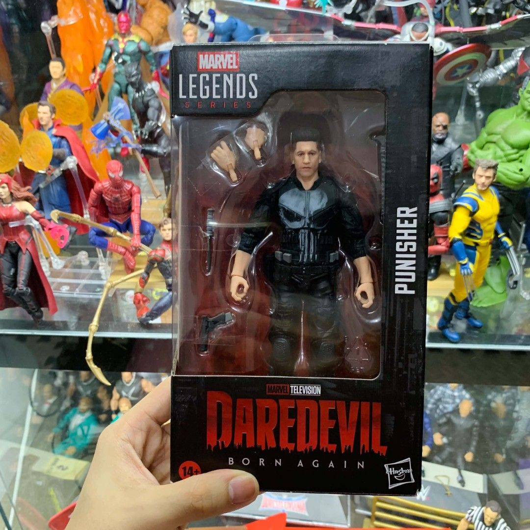 Marvel Legends Punisher Daredevil Born Again Action Figure (Category: Figurines & Statues) located in Manila. Submitted by fasthorse.94b10b (Listing ID 1469679040, Image 2). Description: - Item: Hasbro Marvel Legends Punisher Action Figure (Daredevil: Born Again) - Includes: Alternate hands, knife, and handgun accessories - Packaging: Window box with character artwork on sides and back - Condition: Brand new, minor shelf wear on the bottom corner