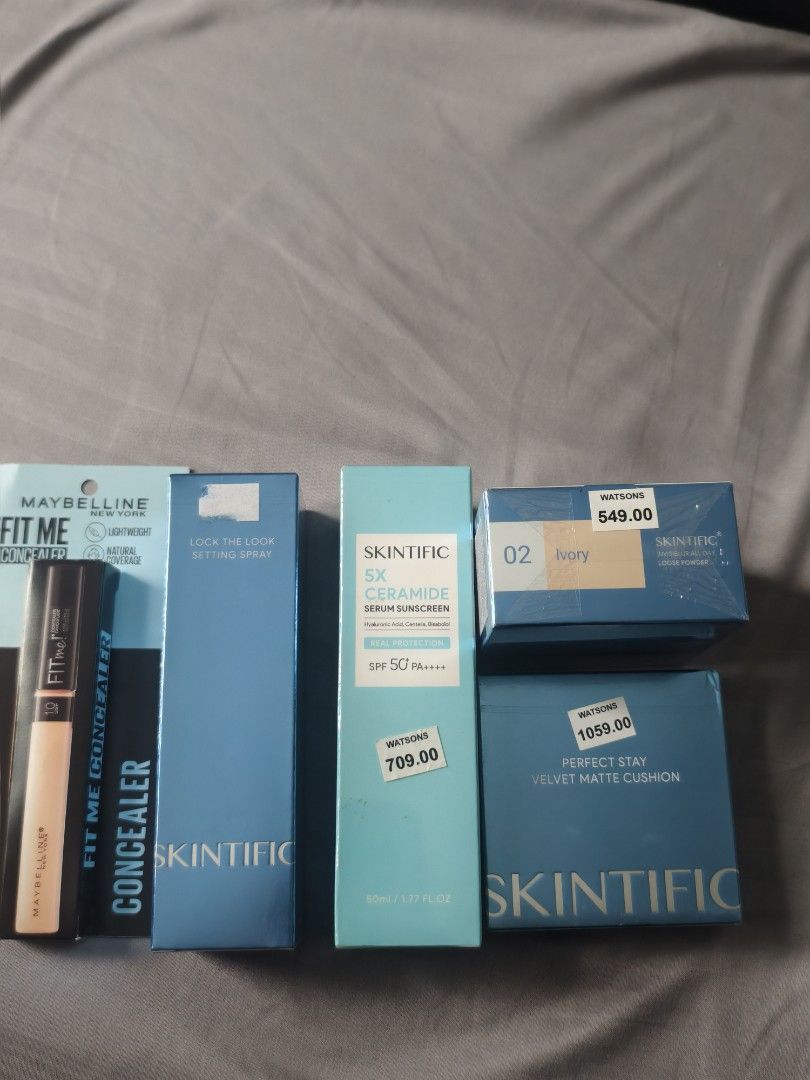 Maybelline and Skintific Makeup Skincare Bundle Set (Category: Makeup) located in Manila. Submitted by cleverdeer_e2f36c (Listing ID 1469609919, Image 1). Description: - Complete beauty bundle for a flawless face - Includes: Maybelline Fit Me Concealer, Skintific Lock the Look Setting Spray, 5X Ceramide Serum Sunscreen, Invisiblur All Day Loose Powder (02 Ivory), and Perfect Stay Velvet Matte Cushion - Condition: Brand new, 100% unopened in origi