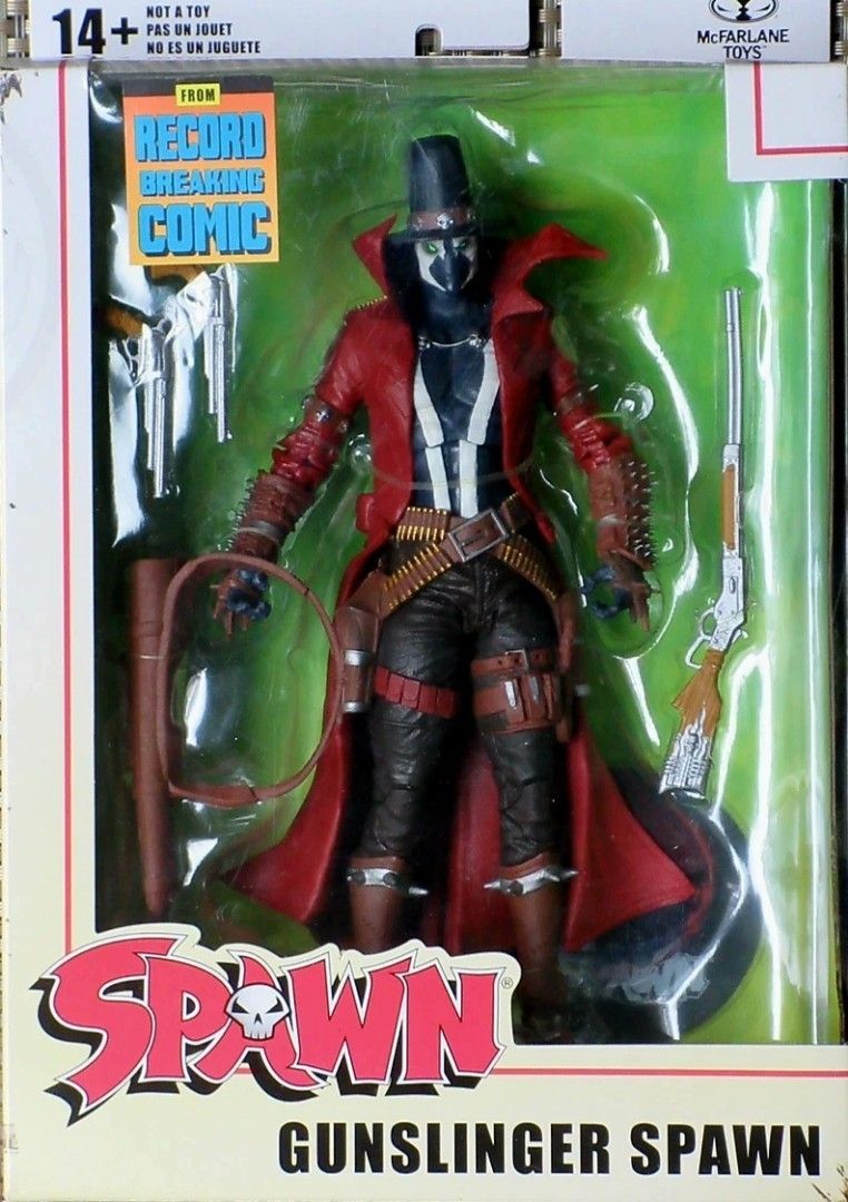 McFarlane Toys Gunslinger Spawn Action Figure (Category: Figurines & Statues) located in Caloocan City. Submitted by hobbym8 (Listing ID 1469696954, Image 1). Description: - Item: McFarlane Toys Gunslinger Spawn Action Figure - Condition: Brand new, unopened box packaging - Accessories included: Pistols, rifle, holster, and whip - Design details: Classic red trench coat, top hat, and intricate cowboy gear - Ideal for: Spawn fans and toy collector