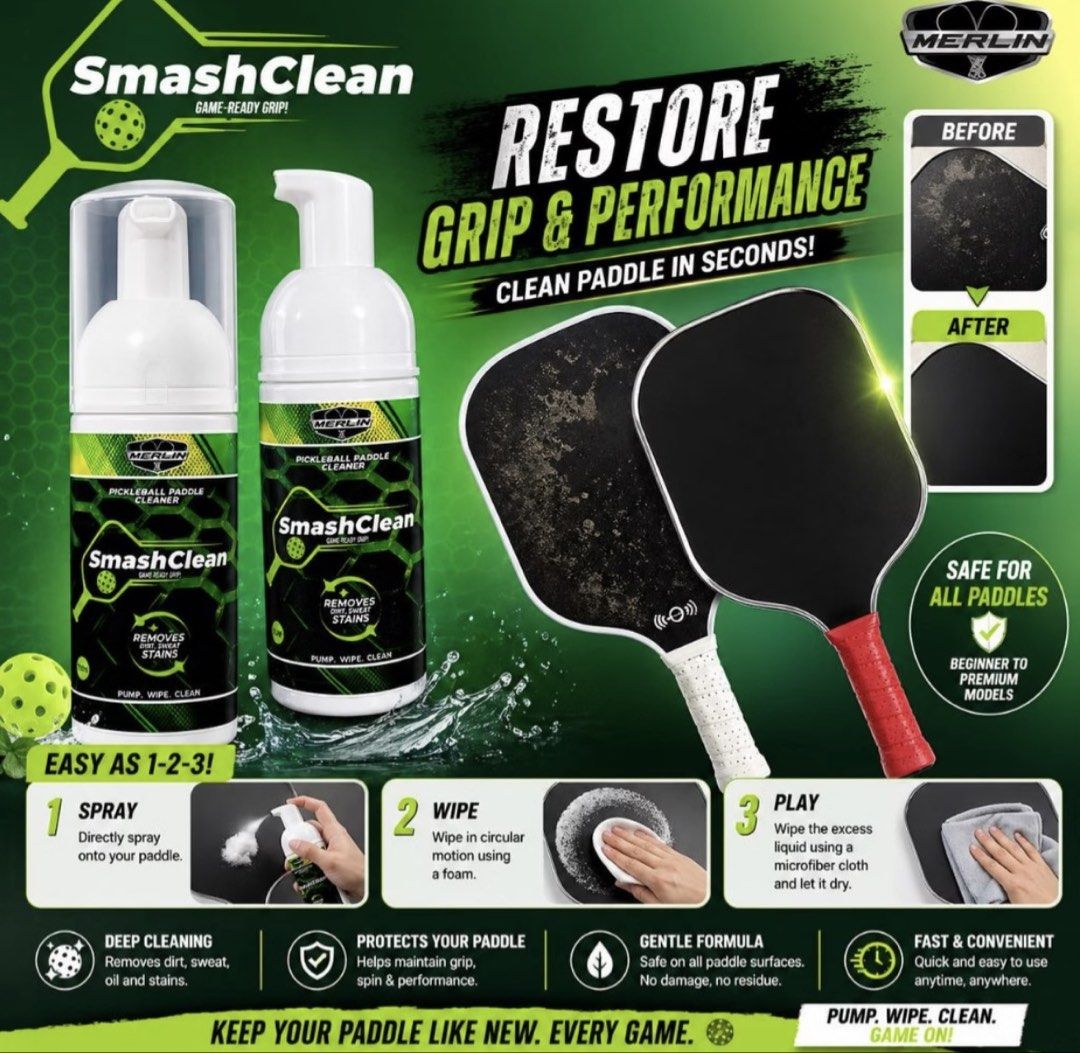 Merlin SmashClean Pickleball Paddle Cleaner Foam (Category: Racket and Ball Sports) located in Cebu City. Submitted by scorpiomoon30 (Listing ID 1469739845, Image 3). Description: - Product: Merlin SmashClean Pickleball Paddle Cleaner - Size: 60ml pump bottle - Safe for all paddles: Works on beginner to premium models, including carbon fiber - Performance booster: Removes dirt, sweat, and tough stains to help maintain spin and grip - Easy to use: