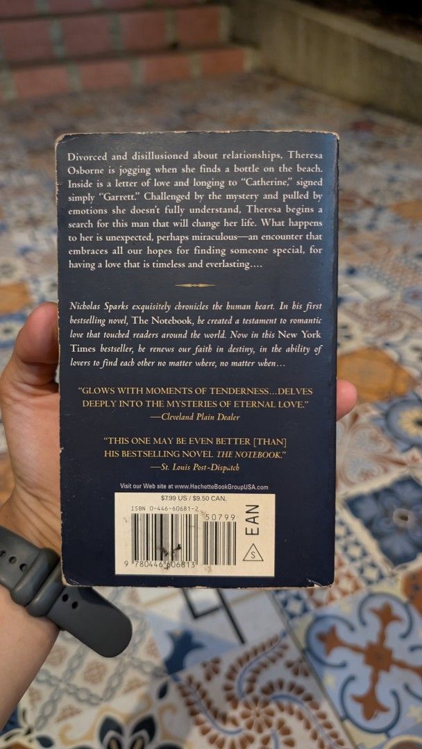 Message in a Bottle by Nicholas Sparks (Category: Storybooks) located in Manila. Submitted by alypacis06 (Listing ID 1469659706, Image 2). Description: - Title: Message in a Bottle by Nicholas Sparks - Format: Paperback edition - Condition: Well-loved with yellowed pages and creased cover, but fully readable - Genre: Contemporary romance / emotional fiction - Perfect as a casual, heart-wrenching beach read.