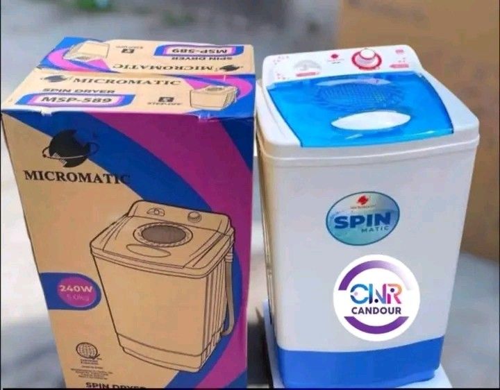 Micromatic Spin Dryer MSP-589 (Category: Washing Machines and Dryers) located in Quezon City. Submitted by marecel146 (Listing ID 1469714079, Image 2). Description: - Brand: Micromatic - Model: MSP-589 - Color: White and blue body with a clear blue lid - Capacity: 5kg - Power Rating: 240W - Features: Convenient spin timer dial on top panel - Condition: Brand new, never used, still packed inside the original retail box.
