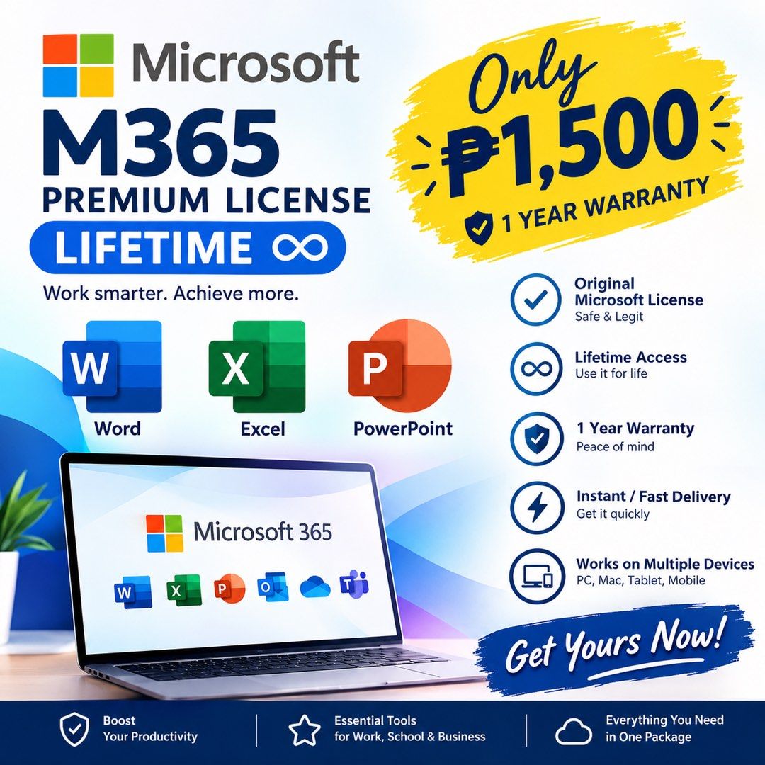 Microsoft 365 License (Category: Office & Business Technology) located in Manila. Submitted by gentlefish.e02f47 (Listing ID 1469702657, Image 1). Description: 💻✨ MICROSOFT OFFICE PREMIUM LICENSE — ₱500 ONLY! ✨ Enjoy your essential productivity apps for work, school, and business! 📚💼 ✅ Microsoft Word ✅ Microsoft Excel ✅ Microsoft PowerPoint ✅ Lifetime License* ✅ 1-Year Warranty 🎯 WHY BUY FROM US? 💯 Hands-On Tutorial — We’ll guide you step by