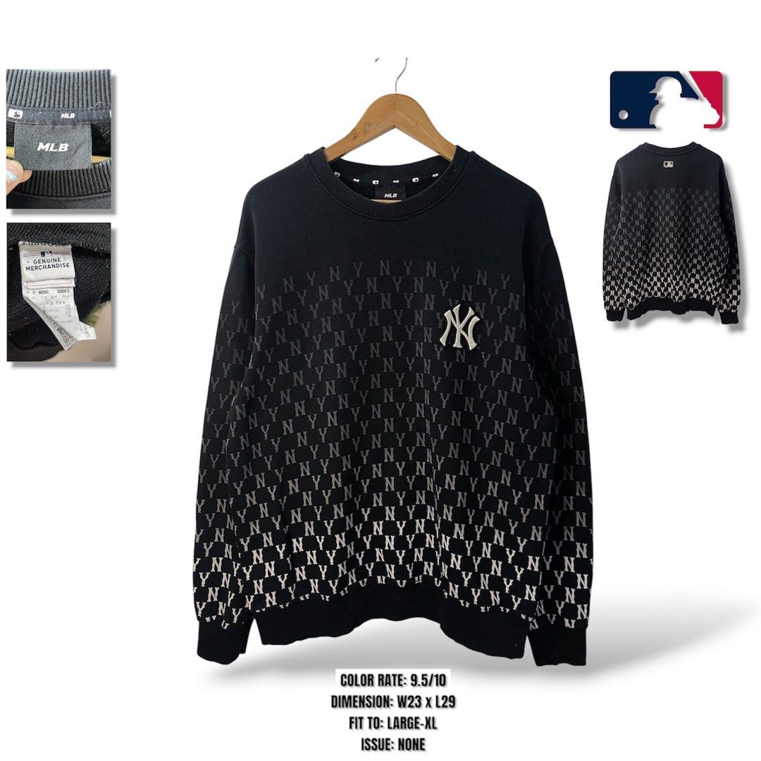 MLB New York Yankees Monogram Gradient Sweatshirt (Category: Coats, Jackets and Outerwear) located in Cabagan. Submitted by blessingma81004 (Listing ID 1469740511, Image 1). Description: - Brand: MLB (New York Yankees) - Design: Allover monogram print with a gradient fade to white - Details: Crewneck collar, ribbed trim, embroidered team logo patch - Size: Fits Large to Extra Large (Width: 23", Length: 29") - Condition: Clean, excellent overall c