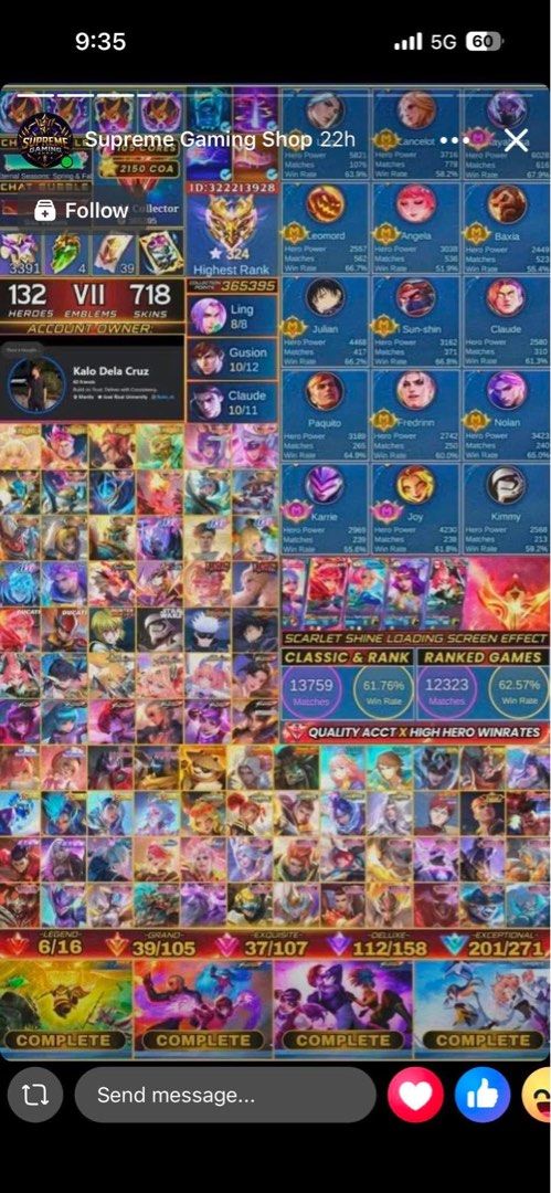Mobile Legends account (Category: Others) located in Manila. Submitted by gwilliamgr60339 (Listing ID 1469731311, Image 2). Description: RFS: Quitting selling for 30k (negotiable) payment first or via midman na sikat message for more details.