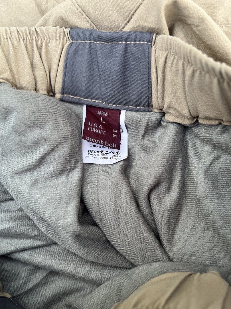 Mont-bell trekkingcargo pants beige (Category: Trousers) located in Bacoor. Submitted by 4103archivalgarmentph (Listing ID 1469652681, Image 2). Description: - Brand: Mont-bell - Color: Beige with cozy grey fleece lining - Size: US Medium / Japan Large - Features: Integrated waist belt and comfortable elastic waistband - Pockets: Secure zippered side pockets - Details: Embroidered brand logo - Condition: Excellent / Great for cold weather -28-36w
