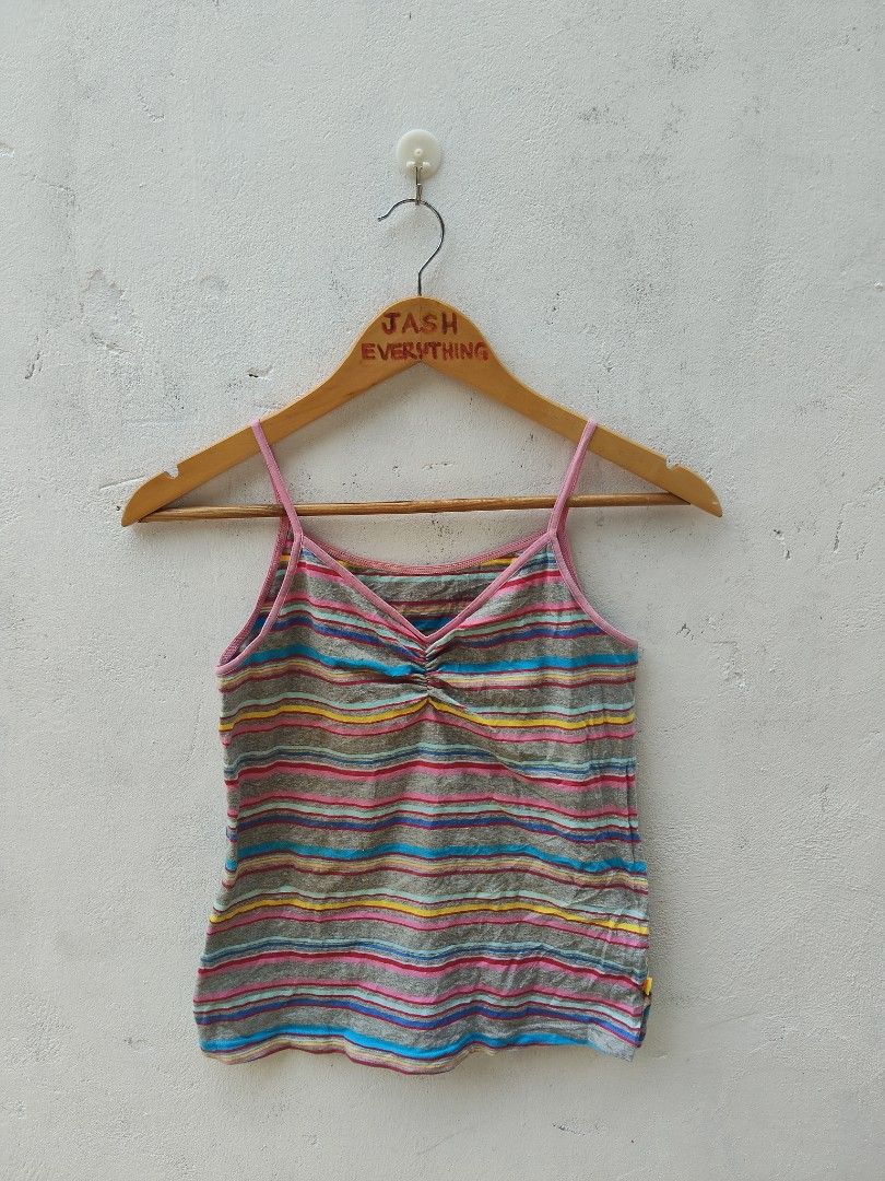 Multicolor Striped Spaghetti Strap Tank Top (Category: Sleeveless) located in City of Isabela. Submitted by jasheverything (Listing ID 1469710717, Image 1). Description: - Design: Multi-colored stripes (grey, pink, blue, yellow) with cute front center ruching - Straps: Spaghetti straps with contrasting pink trim - Material: Soft and breathable cotton-blend, ideal for hot Philippine weather - Style: Casual, trendy, and easy to pair with shorts or 