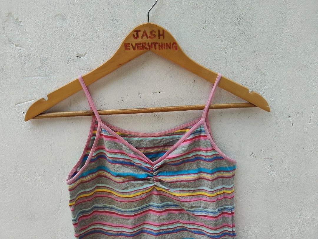 Multicolor Striped Spaghetti Strap Tank Top (Category: Sleeveless) located in City of Isabela. Submitted by jasheverything (Listing ID 1469710717, Image 2). Description: - Design: Multi-colored stripes (grey, pink, blue, yellow) with cute front center ruching - Straps: Spaghetti straps with contrasting pink trim - Material: Soft and breathable cotton-blend, ideal for hot Philippine weather - Style: Casual, trendy, and easy to pair with shorts or 