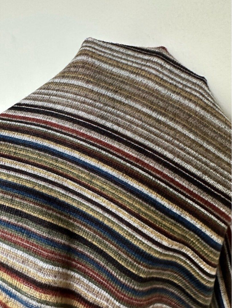 Multi-stripe Off-Shoulder Ribbed Knit Top (Category: Longsleeves) located in Batangas. Submitted by rm0401 (Listing ID 1469658898, Image 3). Description: - Style: Off-shoulder slim fit knit top - Pattern: Multi-colored stripes with contrasting brown trim - Texture: Soft and stretchy ribbed fabric - Versatility: Great for layering or wearing solo with jeans and trousers - Condition: Brand new/Excellent XS-S (stretchable).