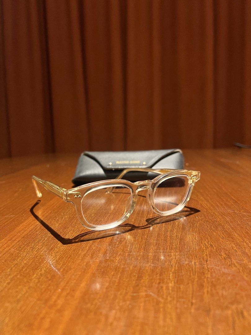 Native Sons Carver RX Glasses Clear Frame (Category: Sunglasses & Eyewear) located in Quezon City. Submitted by mikesa5986 (Listing ID 1469707576, Image 2). Description: - Brand/Model: Native Sons Carver RX optical frames - Material: Clear Takiron Japanese acetate with 16k gold plated diamond tooled core wire - Condition: Minimal wear visible, clean lenses currently installed - Inclusions: Original black leather case with gold branding - Polish w