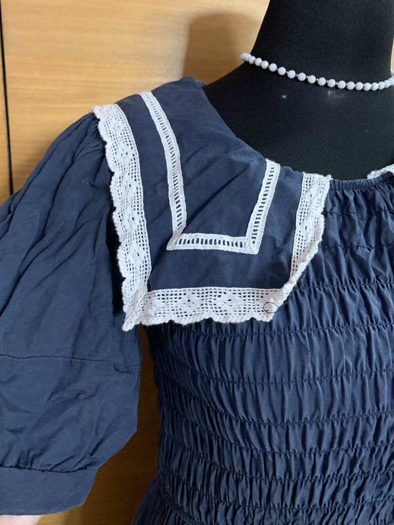 NAVY BLUE SMOCKED DRESS (Category: Dresses) located in Malabon City. Submitted by Cn_apparel (Listing ID 1469681596, Image 2). Description: M-L Wide collar.