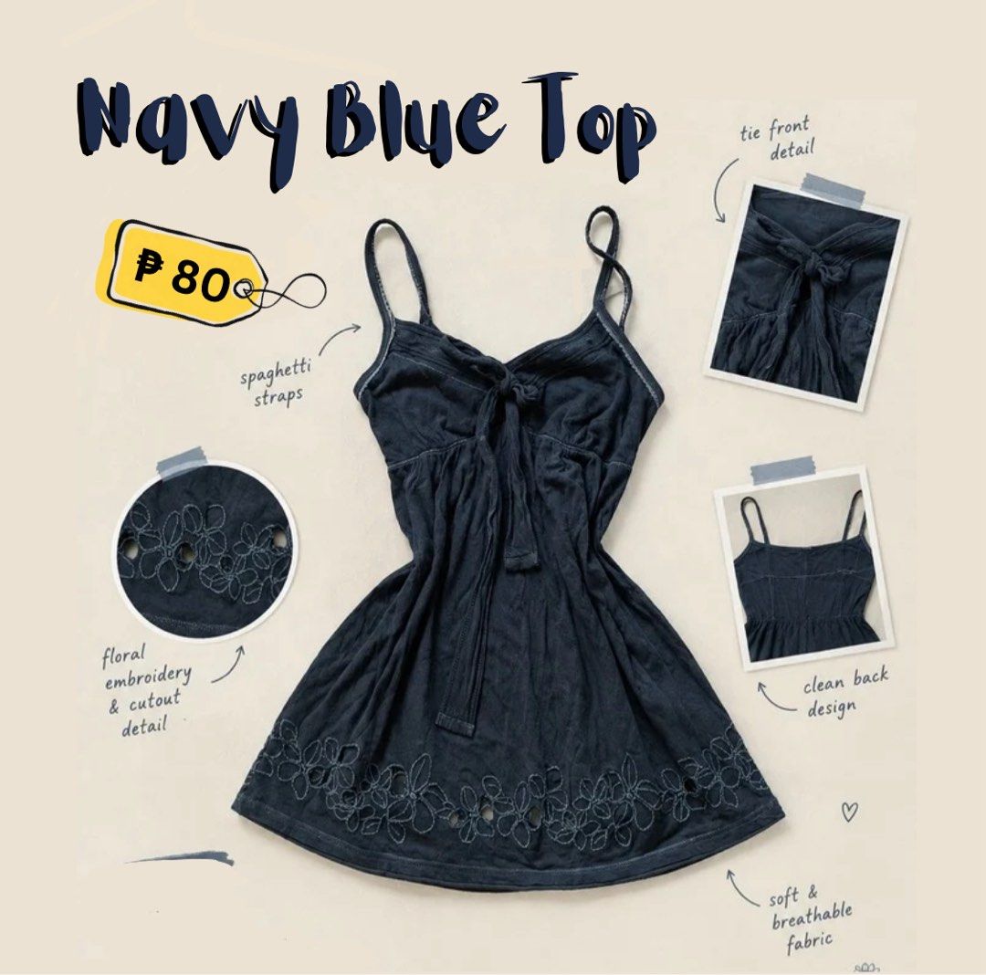 Navy Blue Top - ₱80 (Category: Sleeveless) located in Manila. Submitted by _uniefinds (Listing ID 1469757635, Image 1). Description: fit to small, medium 𐙚 PRICE: ₱80 𐙚 MOP: GCash / Maya 𐙚 MOD: J&T / Lalamove 𐙚 SF: Shouldered by the buyer ୨ৎ DM me if interested or for inquiries 📍Sta. Mesa.