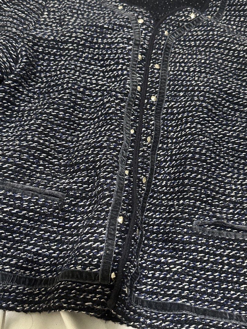 Navy Blue Tweed Cardigan (Category: Coats, Jackets and Outerwear) located in Quezon City. Submitted by seulstyle (Listing ID 1469701887, Image 2). Description: - size xs - small - navy blue - loc qc - mod: lbc/lalamove.