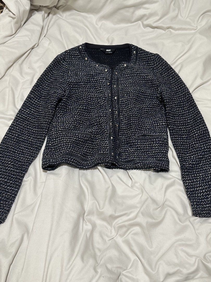 Navy Blue Tweed Cardigan (Category: Coats, Jackets and Outerwear) located in Quezon City. Submitted by seulstyle (Listing ID 1469701887, Image 3). Description: - size xs - small - navy blue - loc qc - mod: lbc/lalamove.