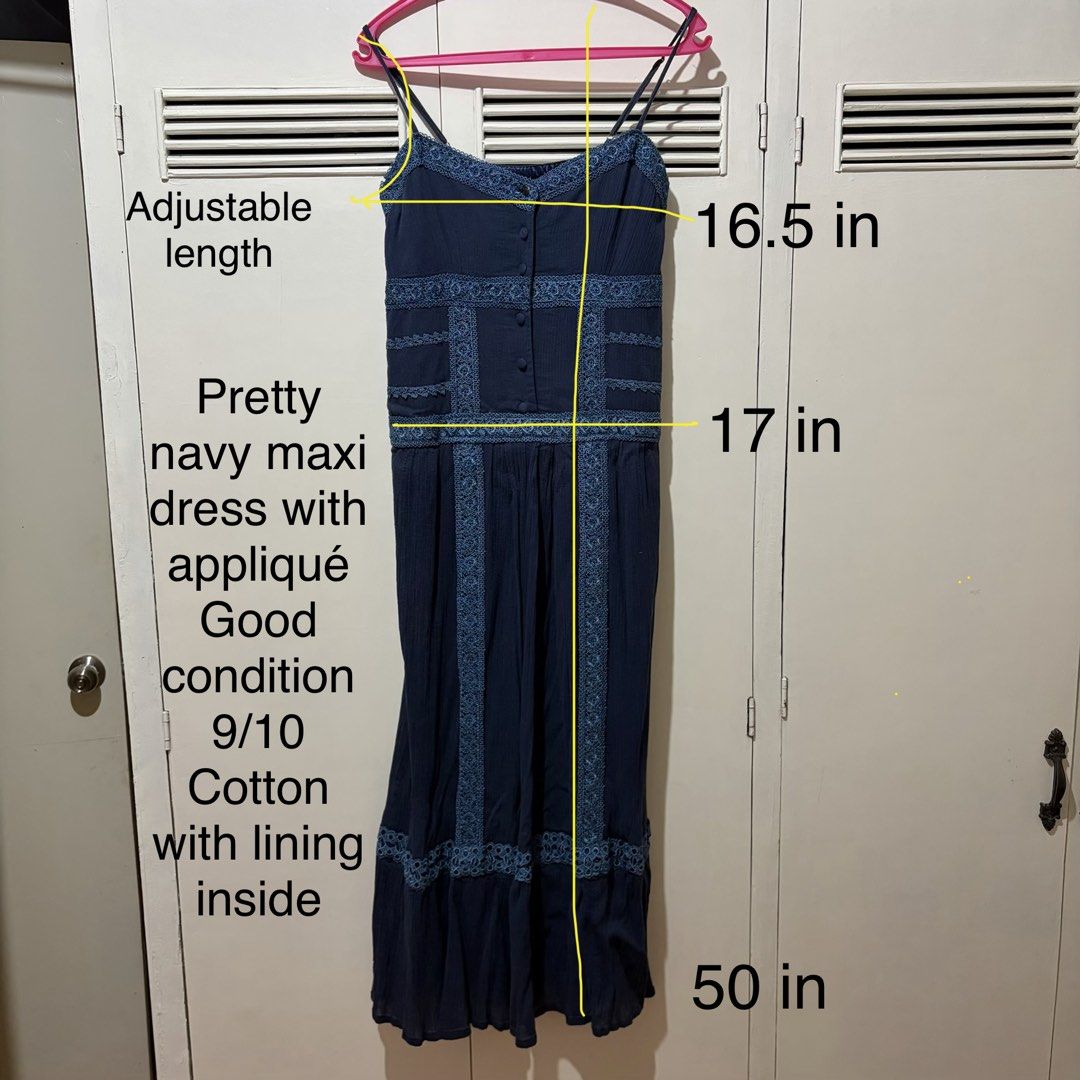 Navy Maxi Dress with Appliqué (Category: Dresses) located in Quezon City. Submitted by tflquezoncity (Listing ID 1469739513, Image 2). Description: ❤️ Rojita Japan ❤️ S-M ❤️ Pretty navy maxi dress with intricate appliqué detailing ❤️ Comfortable fabric with an inner polyester lining ❤️ Adjustable shoulder straps and front button-down closure ❤️ Well-maintained and ready to wear for casual outings or sunny days.