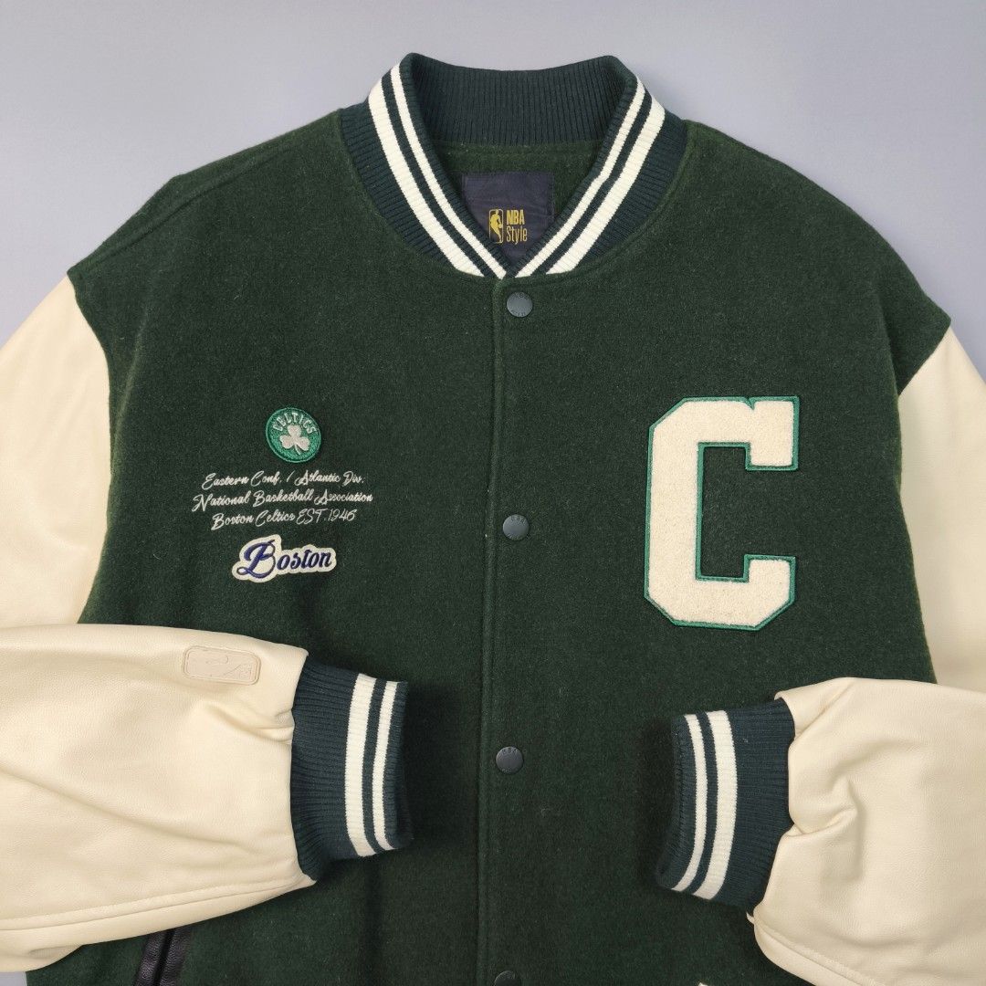 NBA BOSTON CELTICS VARSITY JACKET (Category: Coats, Jackets and Outerwear) located in Baguio. Submitted by nikholeisshop29 (Listing ID 1469632389, Image 3). Description: NBA BOSTON CELTICS VARSITY JACKET 2,880 + SF XL on tag L:28 | W:25 Excellent condition Color rate: 10/10.